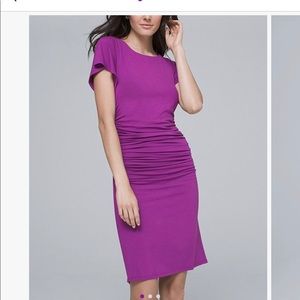 Violet/purple ruched side-drape sheath dress
